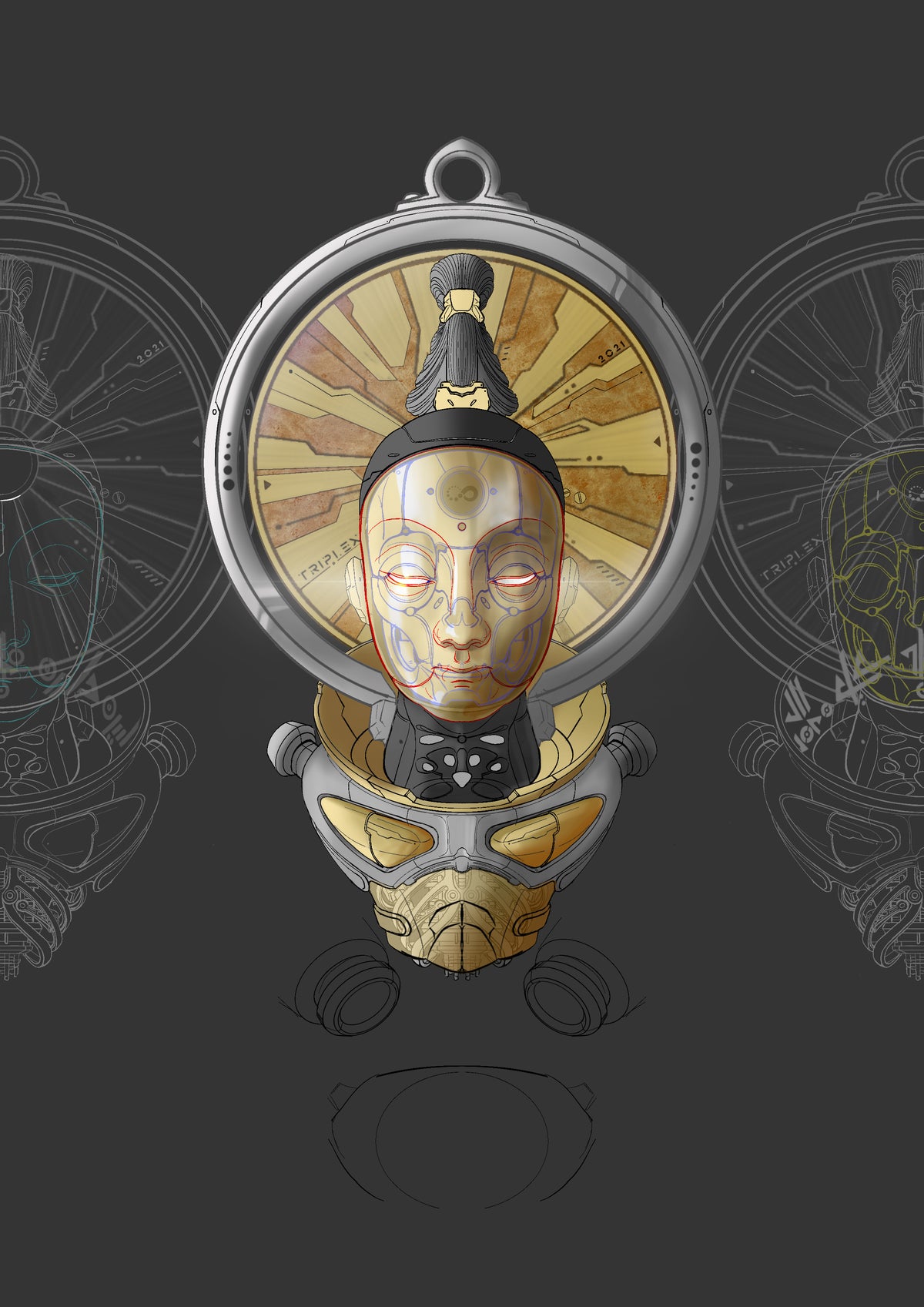 Buddha of Future 1.0 design drawing with front and side views and component sketches