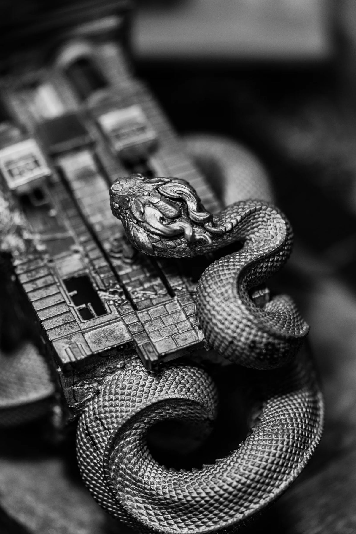 Black-and-white close-up of the serpent head, scales and brickwork on the WUYIN x NOCAL:LOWCAL serpent house.
