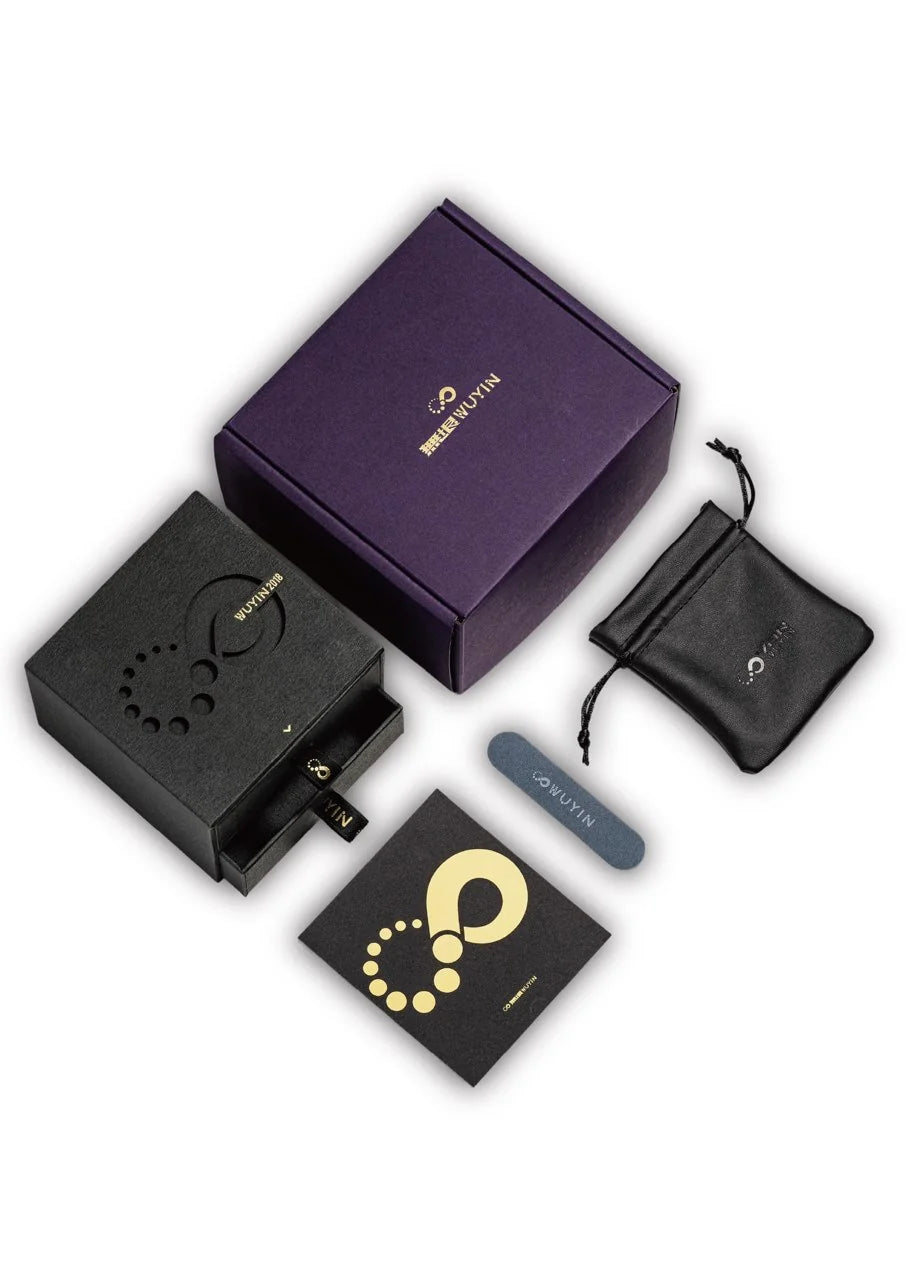 WUYIN packaging set with purple gift box, black jewelry box, pouch, polishing cloth and brand card