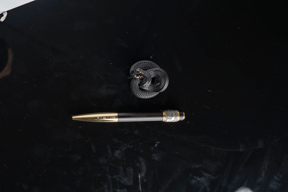 Pen and serpent-shaped stand displayed separately on a black desktop