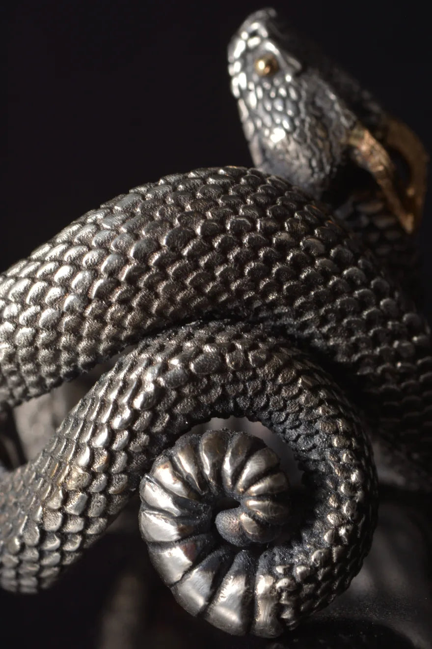 Detailed silver scales and the spiraling tail of the WUYIN Chaos Serpent ring